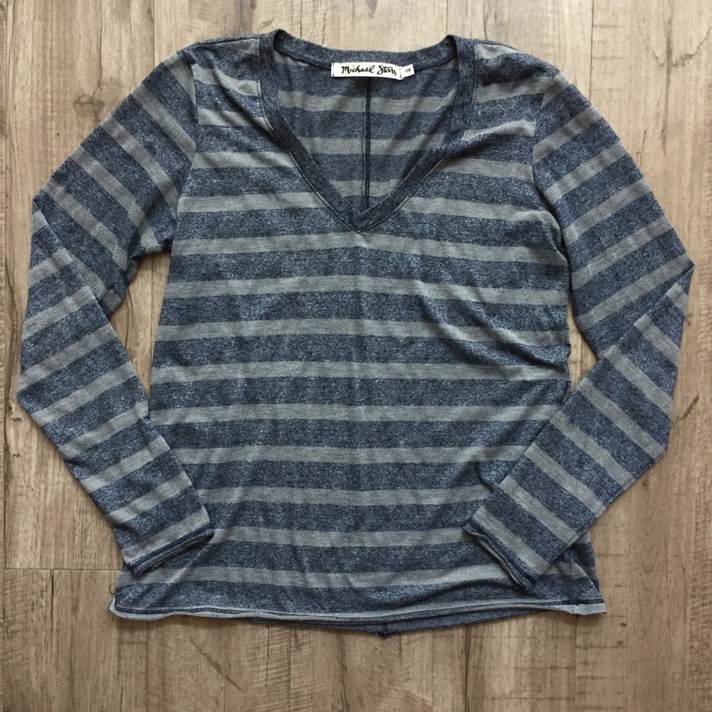 Michael Stars Striped V-Neck Long Sleeve Top